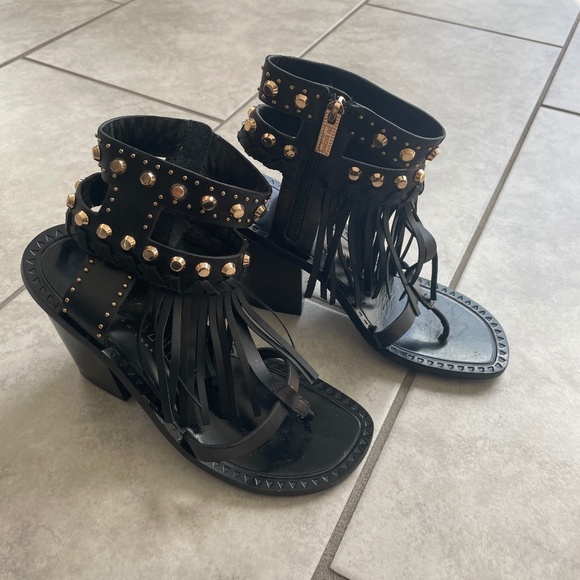 IVY KIRZHNER Black Leather Fringe Gold Studded Block Heel Size 8 - Picture 1 of 12